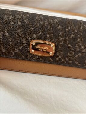 Michael Kors Brown Signature MK Logo Wallet with Tan Trim and Gold Plaque